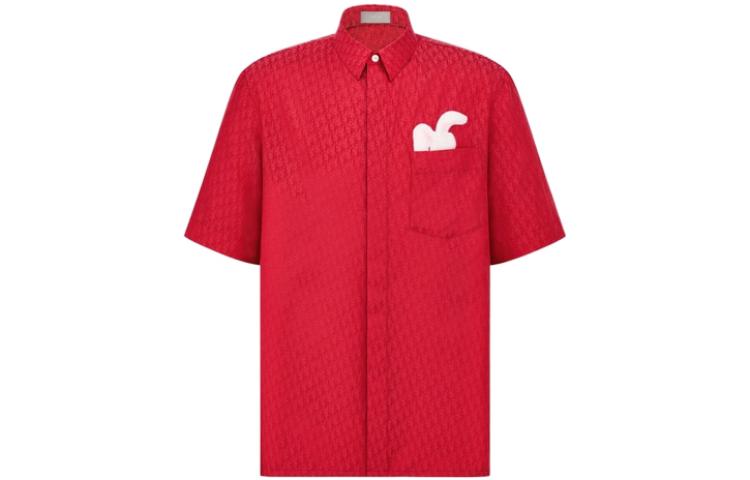 DIOR SS23 Lunar New Year Red Short Sleeve Shirt with Rabbit Patch for Men. 313C522B5231-C373