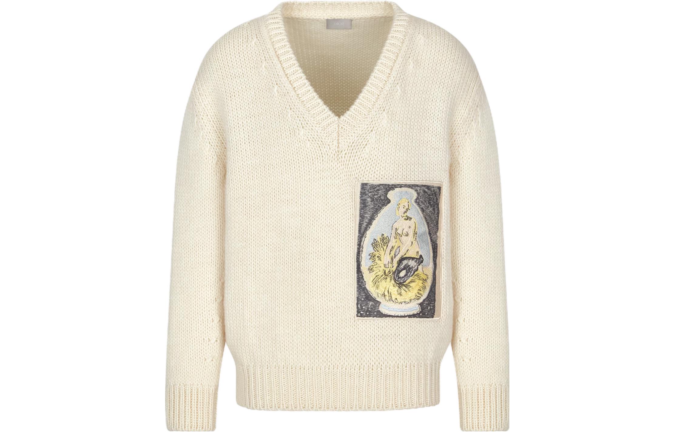 DIOR SS23 Patterned Embroidered V-Neck Knit Pullover  Sweater Ivory. 383M639AT541-C085