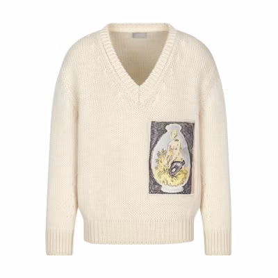 DIOR SS23 Patterned Embroidered V-Neck Knit Pullover Sweater Ivory. 383M639AT541-C085