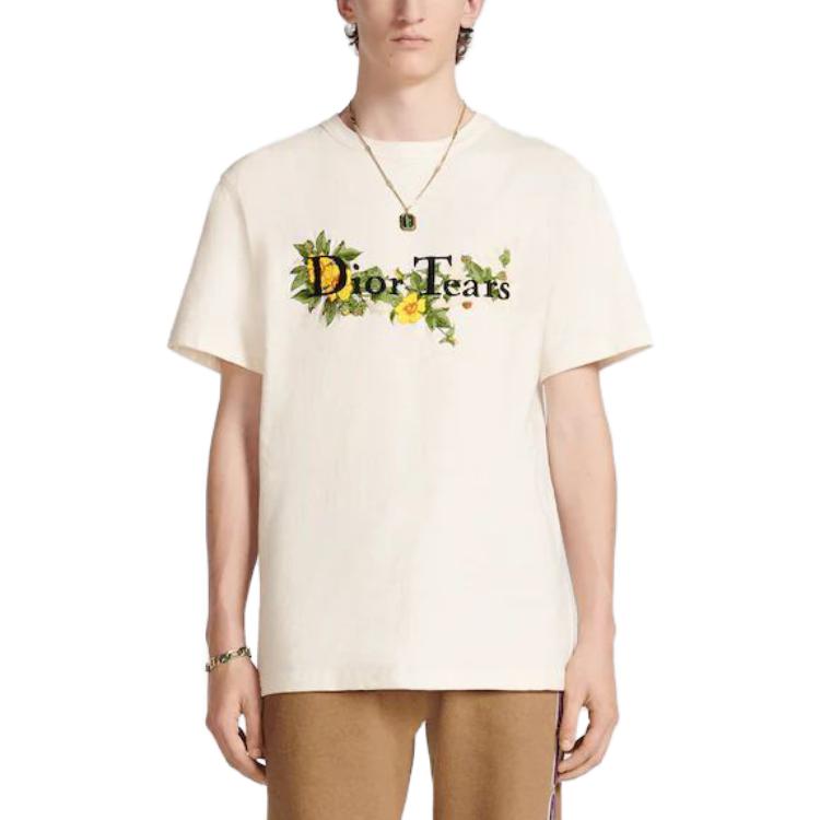 Shop ディオール SS23 涙花柄刺繍ロゴクルーネックホワイトTシャツ 393J696I0849-C089