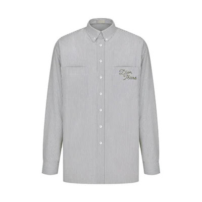 DIOR SS23 Tears Logo Embroidered Striped Loose Long Sleeve Shirt Grey Mens 393C517A5819-C076