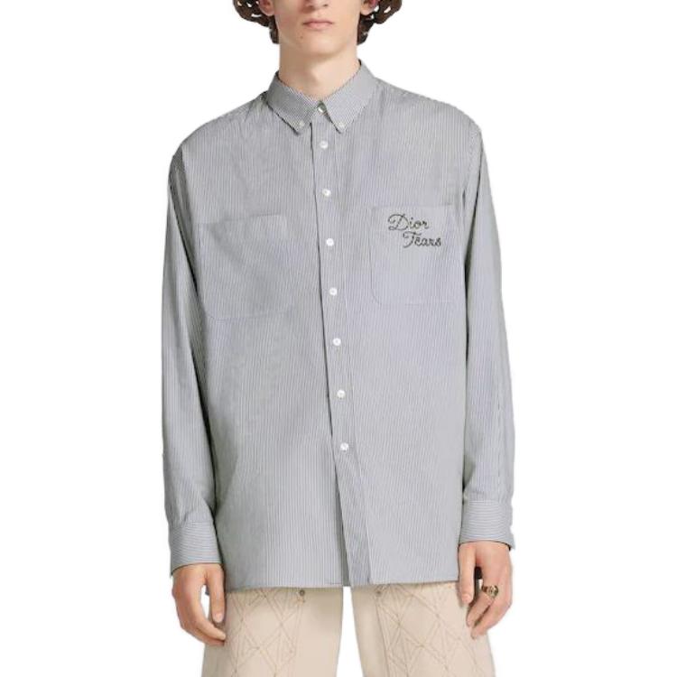 Shop ディオール SS23 ティアーズロゴ刺繍 ストライプ 長袖シャツ グレー メンズ 393C517A5819-C076