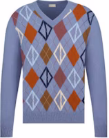 DIOR SS24 Argyle V-Neck Knit Sweater Blue Long Sleeve Top 413M645AT737-C585 DIOR SS24 Argyle V-Neck Knit Sweater Blue Long Sleeve Top 413M645AT737-C585
