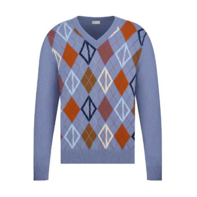 DIOR SS24 Argyle V-Neck Knit Sweater Blue Long Sleeve Top 413M645AT737-C585