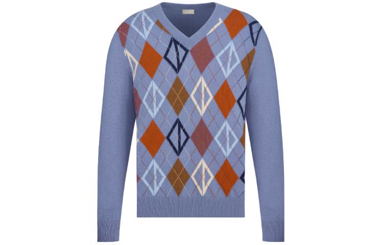 Order DIOR SS24 Sweater Rajutan Argyle V-Neck Biru Lengan Panjang 413M645AT737-C585