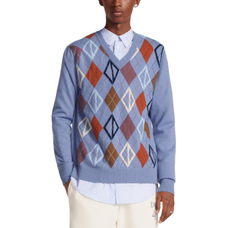 Shop DIOR SS24 Sweater Rajutan Argyle V-Neck Biru Lengan Panjang 413M645AT737-C585