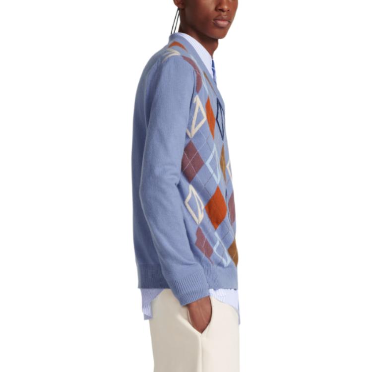 Details for DIOR SS24 Sweater Rajutan Argyle V-Neck Biru Lengan Panjang 413M645AT737-C585