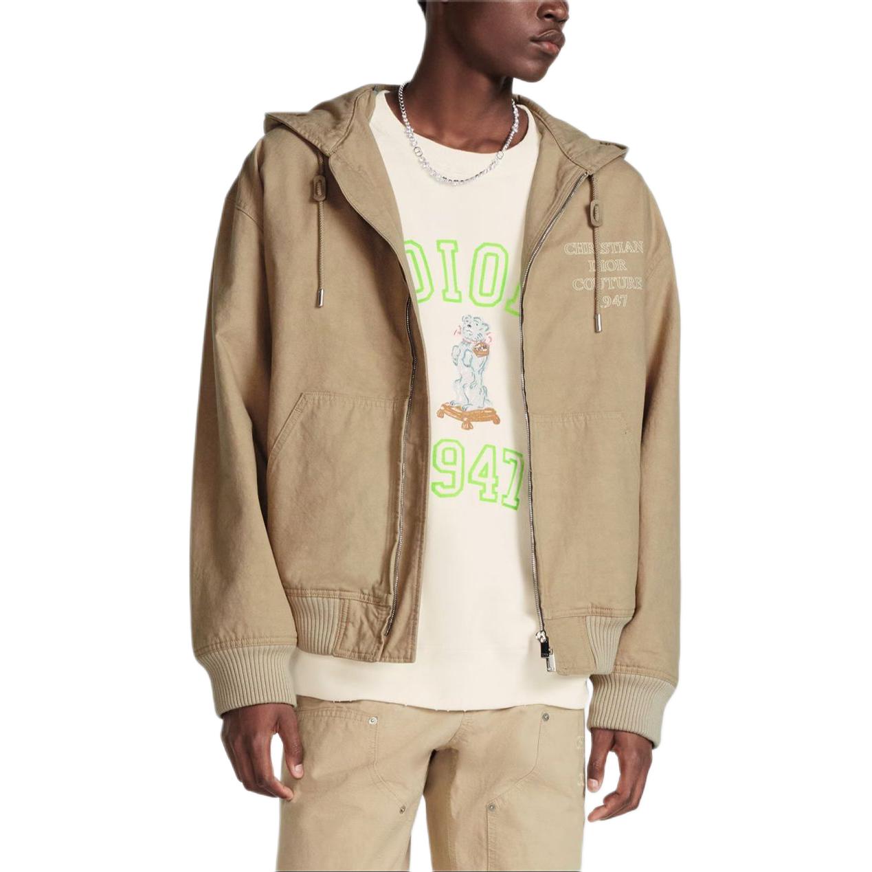 Shop DIOR SS24  Beige Logo Embroidered Zipper Hoodie Jacket. 383D487BY547-C181