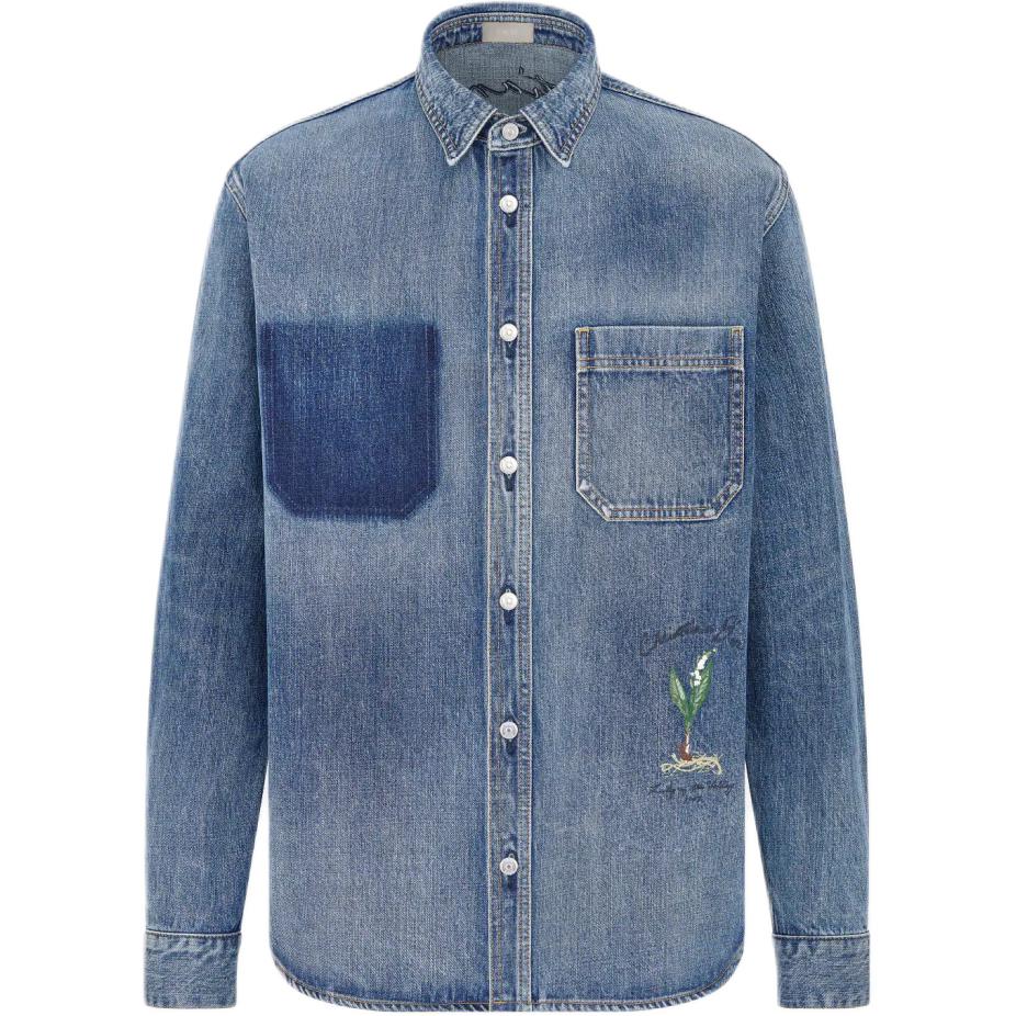 DIOR SS24  Blue Denim Jacket with Lily Embroidery and Button-Down Collar. 493D587AY552-C588