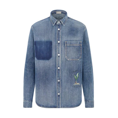 DIOR SS24 Blue Denim Jacket with Lily Embroidery and Button-Down Collar. 493D587AY552-C588