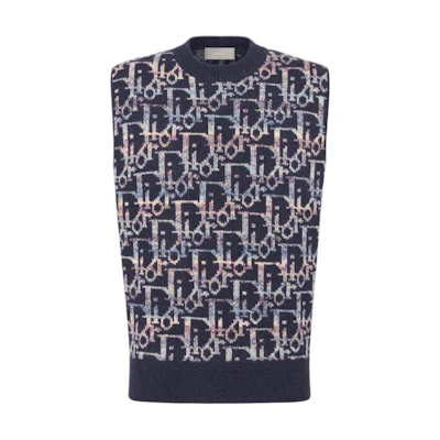DIOR SS24 Blue Sleeveless Logo Jacquard Knit Sweater. 393M662AT344-C584