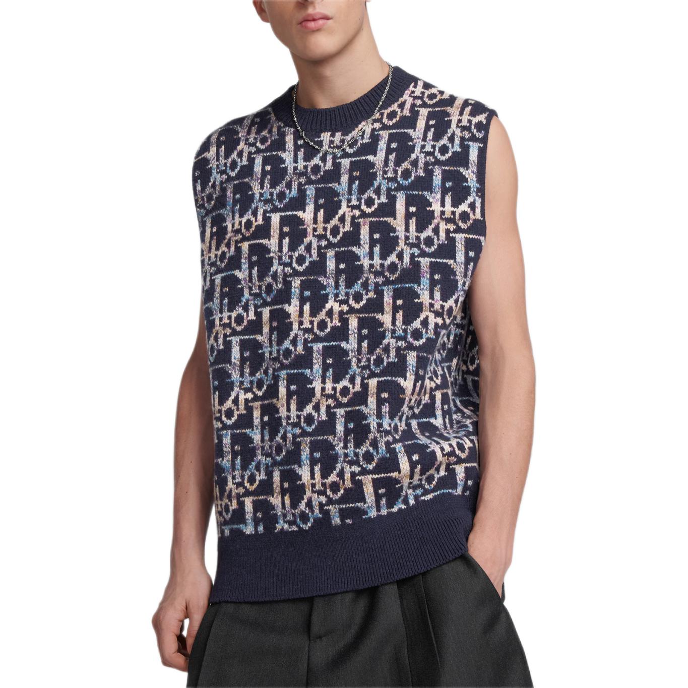 Shop DIOR SS24 Chaleco Azul sin Mangas de Punto Jacquard con Logo. 393M662AT344-C584