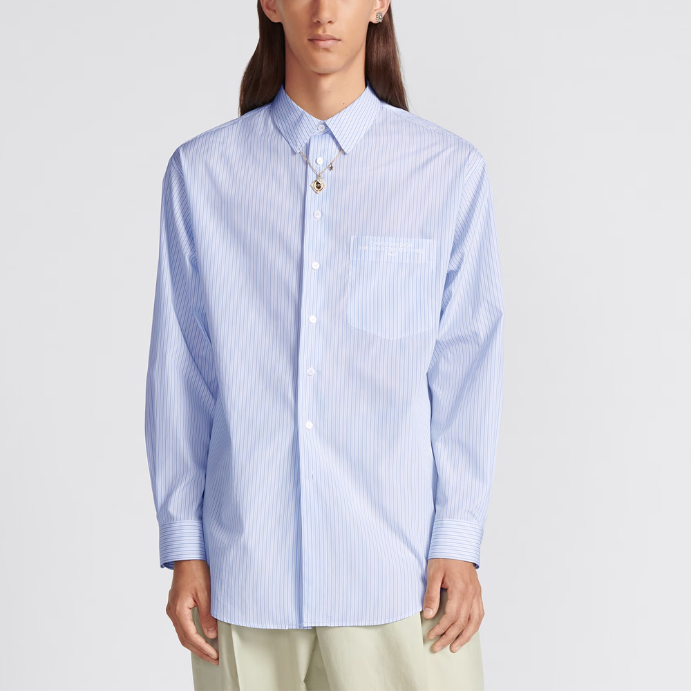 Shop DIOR SS24 Camisa Azul de Rayas Holgada de Manga Larga con Bolsillo 413C516A5978-C075