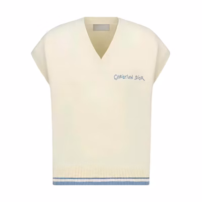 DIOR SS24 Blue Yellow Logo Print V-Neck Sleeveless Sweater. 443M647AT879-C085