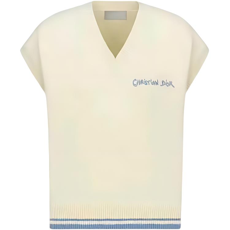 Order 디올 SS24 블루 옐로우 로고 프린트 브이넥 민소매 스웨터. 443M647AT879-C085