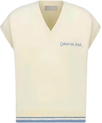 디올 SS24 블루 옐로우 로고 프린트 브이넥 민소매 스웨터. 443M647AT879-C085 Order 디올 SS24 블루 옐로우 로고 프린트 브이넥 민소매 스웨터. 443M647AT879-C085