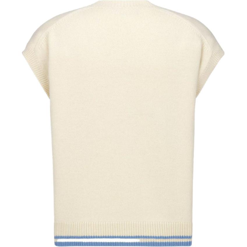 Lookbook 디올 SS24 블루 옐로우 로고 프린트 브이넥 민소매 스웨터. 443M647AT879-C085