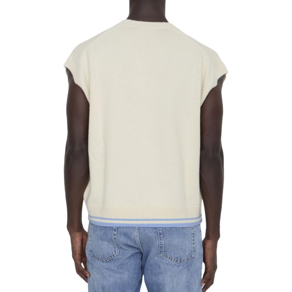 Purchase 디올 SS24 블루 옐로우 로고 프린트 브이넥 민소매 스웨터. 443M647AT879-C085