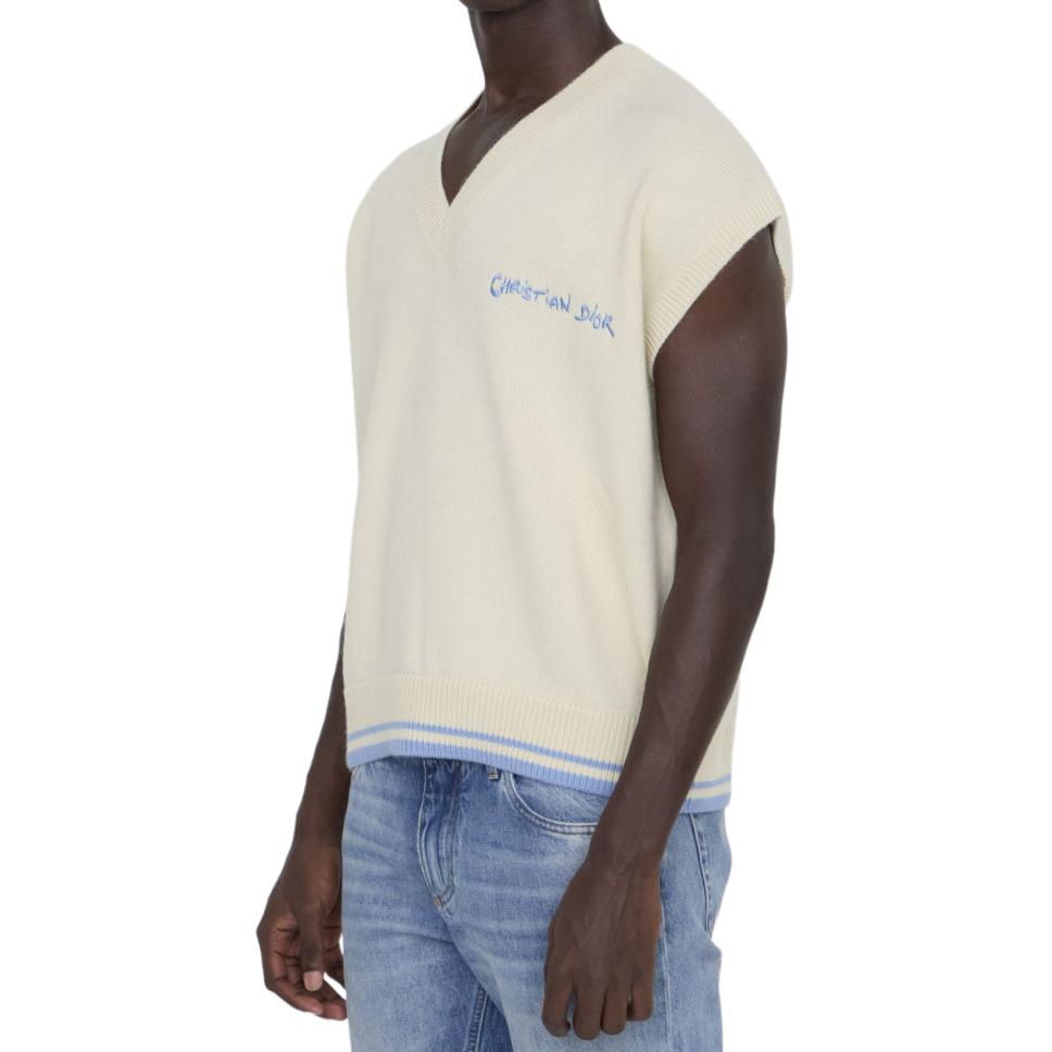 Details for 디올 SS24 블루 옐로우 로고 프린트 브이넥 민소매 스웨터. 443M647AT879-C085