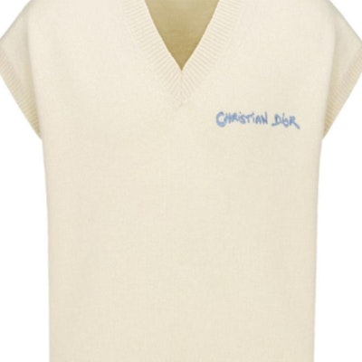 디올 SS24 블루 옐로우 로고 프린트 브이넥 민소매 스웨터. 443M647AT879-C085 Sizing 디올 SS24 블루 옐로우 로고 프린트 브이넥 민소매 스웨터. 443M647AT879-C085