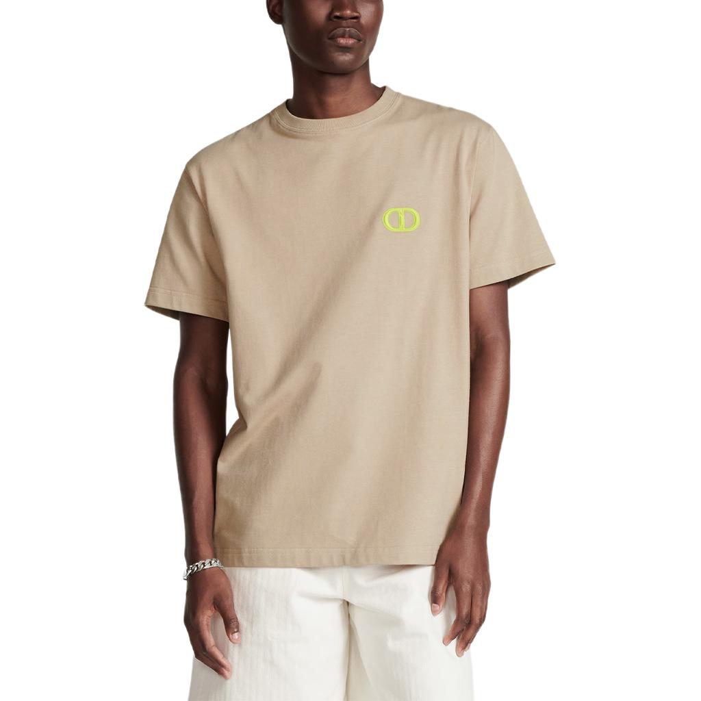Shop ディオール SS24 ロゴ刺繍 オーバーサイズ ベージュ クルーネック Tシャツ. 943J605F0554-C182
