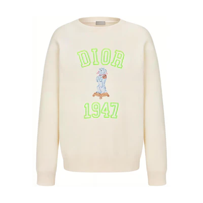 DIOR SS24 Logo Embroidered Ribbed Crewneck Loose Sweatshirt Beige 483J634B0912-C186