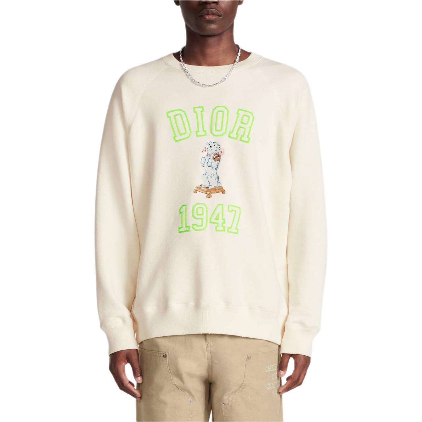 Shop DIOR SS24 米色Logo刺繡羅紋寬鬆圓領長袖上衣 483J634B0912-C186