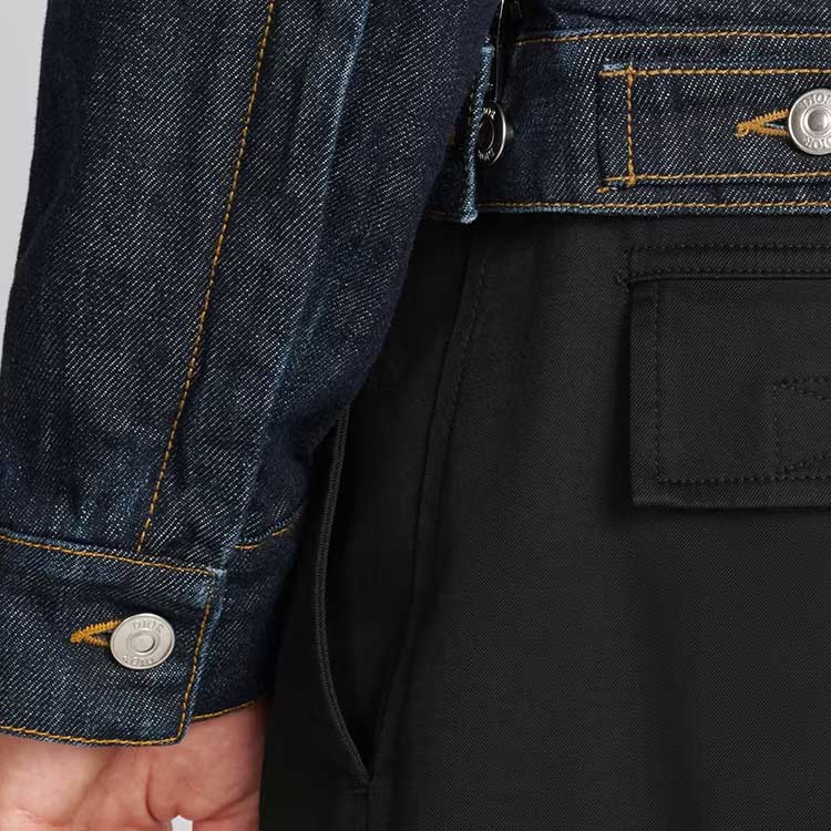 Sizing DIOR SS24 Jaket Denim Biru Navy dengan Butiran Zip dan Butang. 413D484A356X-C540