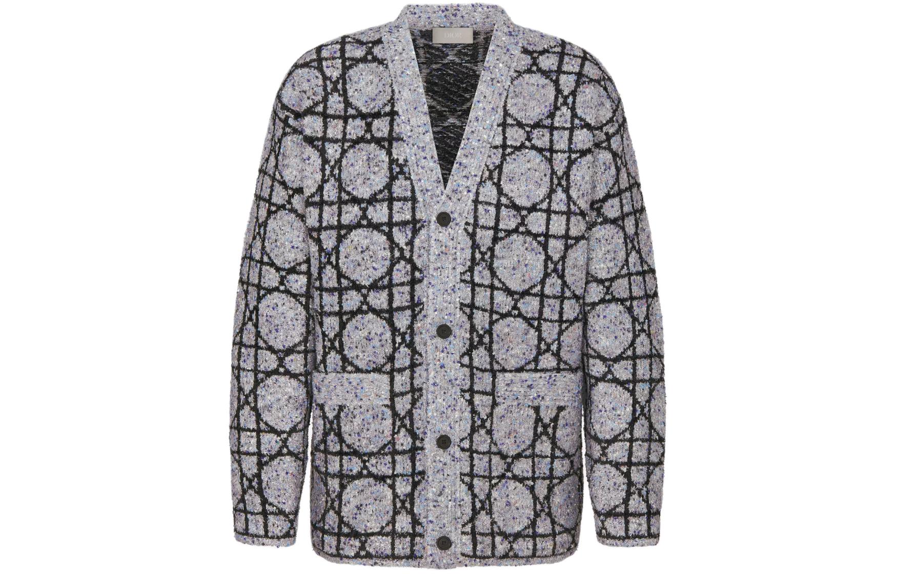 DIOR SS24 Grey Cannage V-Neck Long Sleeve Cardigan Knitwear . 483M232AT804-C889