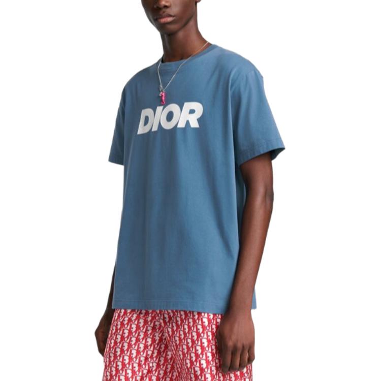 Shop DIOR SS24 Camiseta Azul de Logo Estampado Cuello Redondo Ajuste Holgado. 483J696D0847-C580