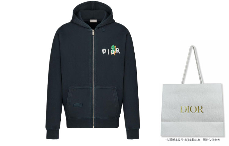 Shop DIOR SS24 Hoodie Navy Blue Logo Kartun Zip-Up. 413J647A0807-C580