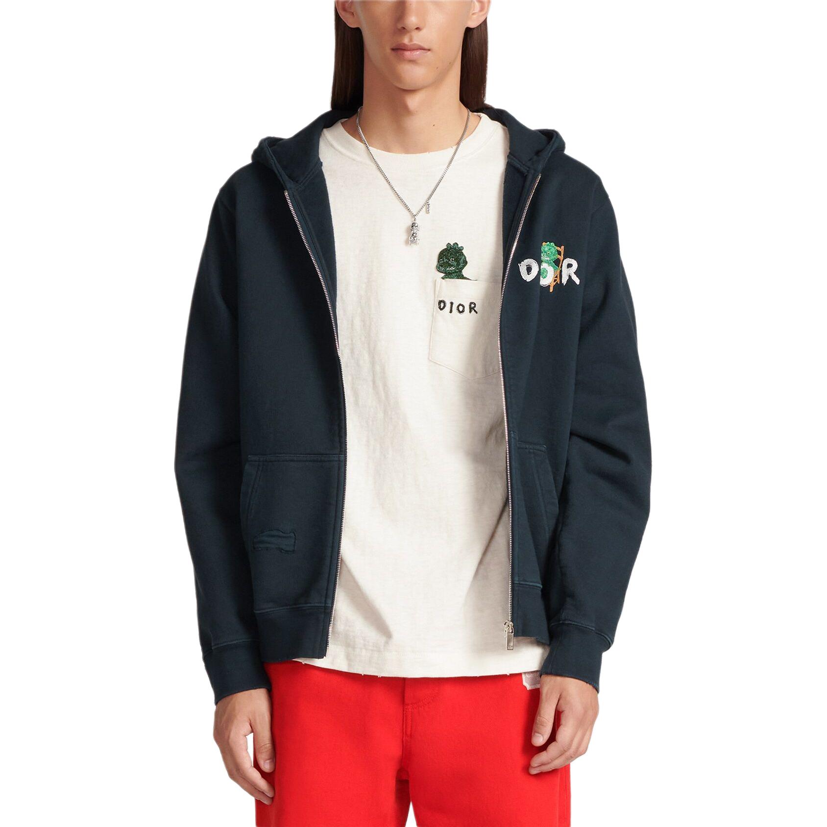 Details for DIOR SS24 Hoodie Navy Blue Logo Kartun Zip-Up. 413J647A0807-C580