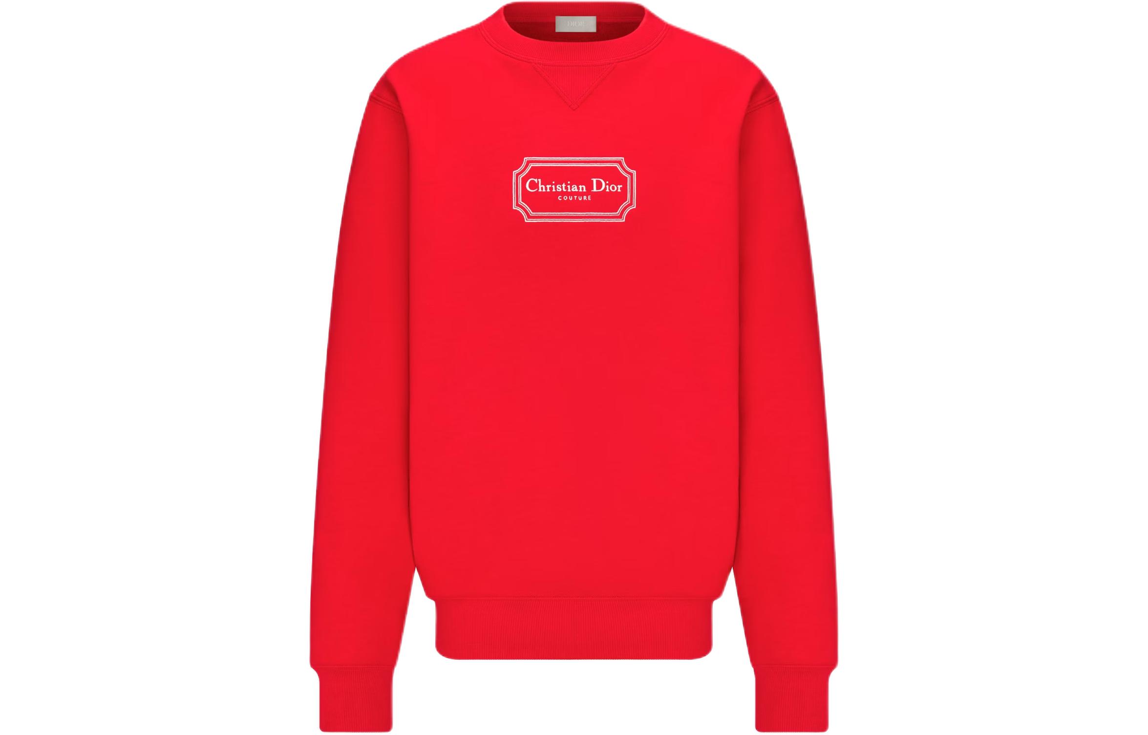 DIOR SS24 Red Embroidered Logo Crewneck Sweatshirt Long Sleeve Loose Fit 413J694A0531-C380