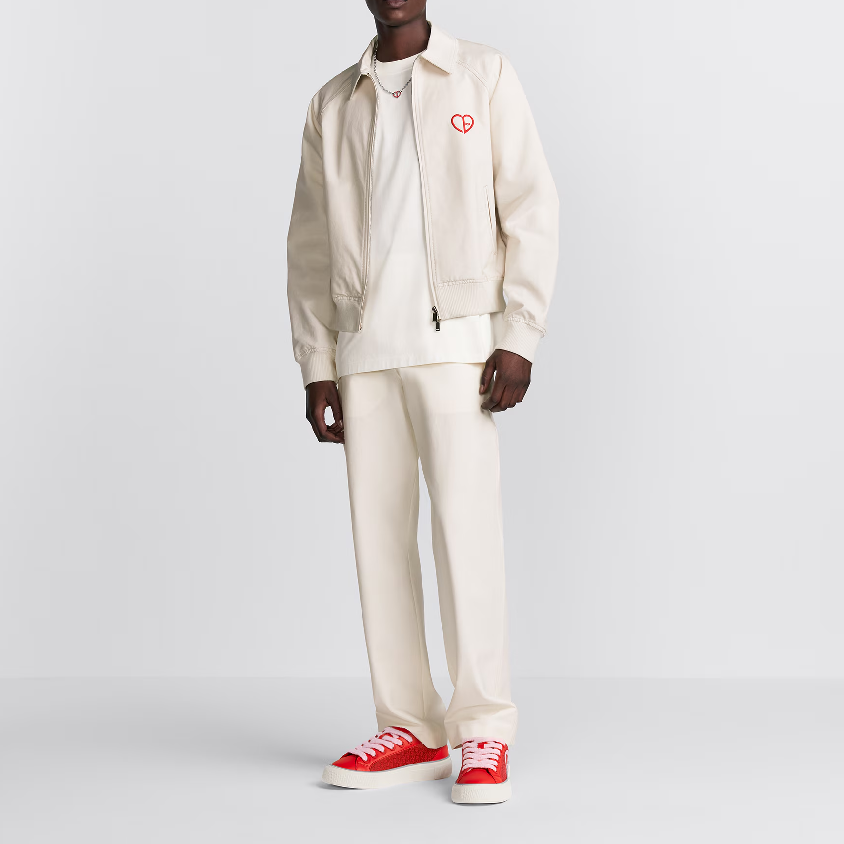 Shop Dior SS24 White Logo Heart Embroidered Wide Collar Zip Jacket 493D486A384X-C083