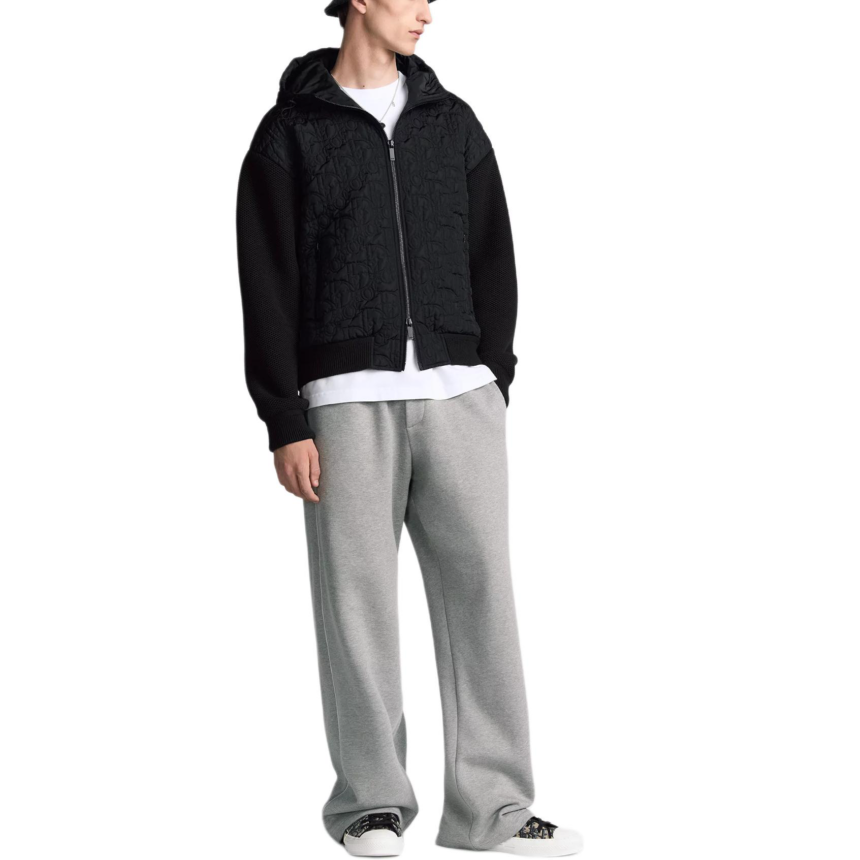 Shop DIOR SS26  Oblique Print Black Cotton-Blend Knit Hoodie Jacket. 513M433A7002-C901