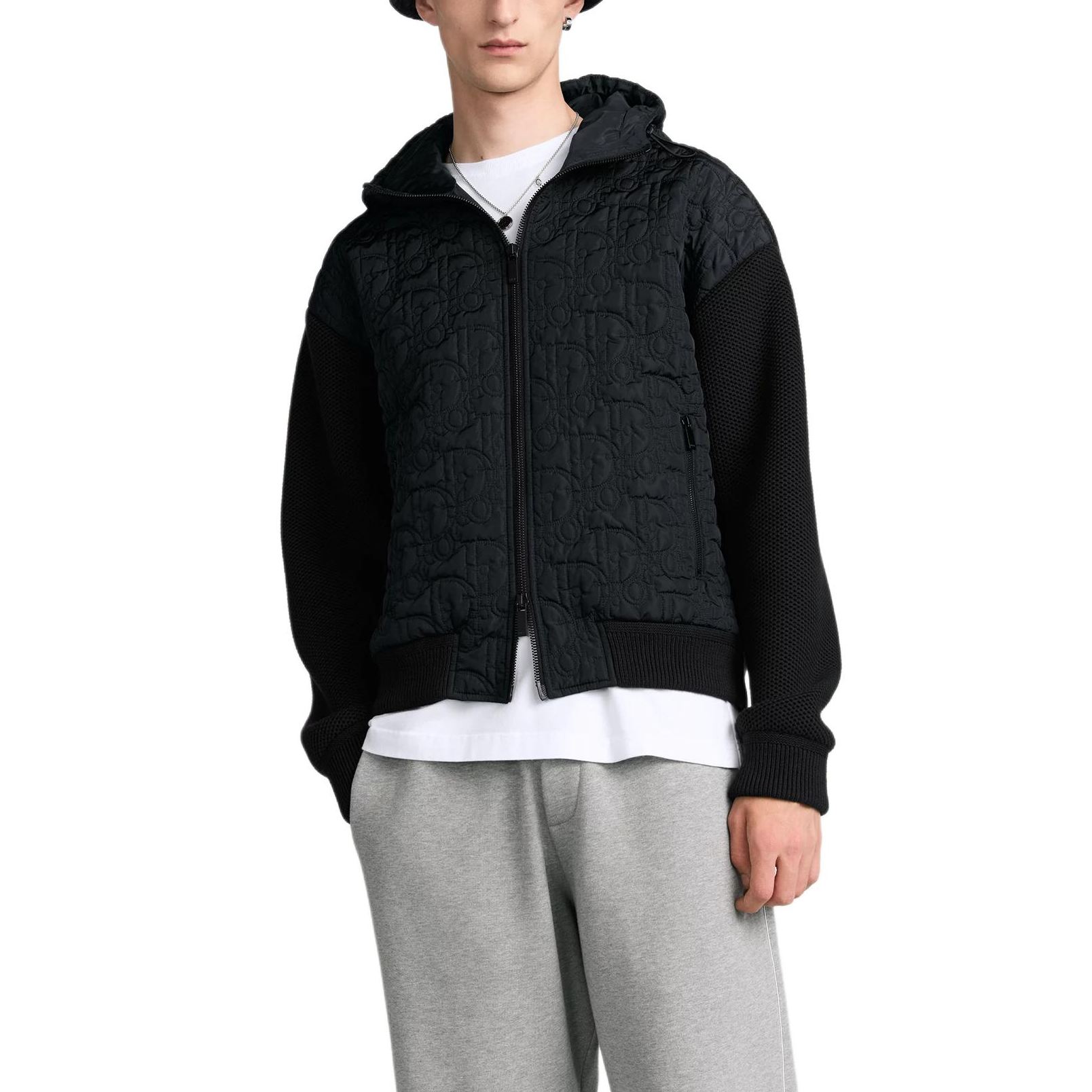 Details for DIOR SS26  Oblique Print Black Cotton-Blend Knit Hoodie Jacket. 513M433A7002-C901