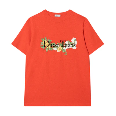 DIOR Tears SS23 Floral Letter Embroidery Red Crewneck T-Shirt Mens. 393J696I0849-C289