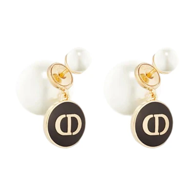 Dior Tribales Earrings Gold-Tone Metal with White Resin Beads & Black Pendant. E1587TRILQ-D307