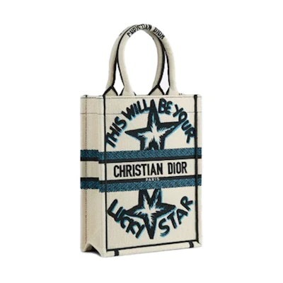 Dior Vertical Book Tote Lucky Star Embroidery White Multicolor