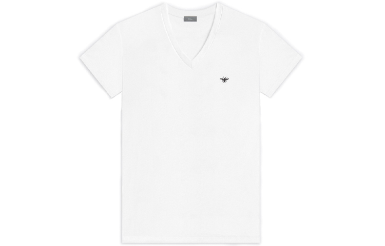DIOR White Bee Embroidered V-Neck Simple Short Sleeve T-Shirt. 733604b0446-C089