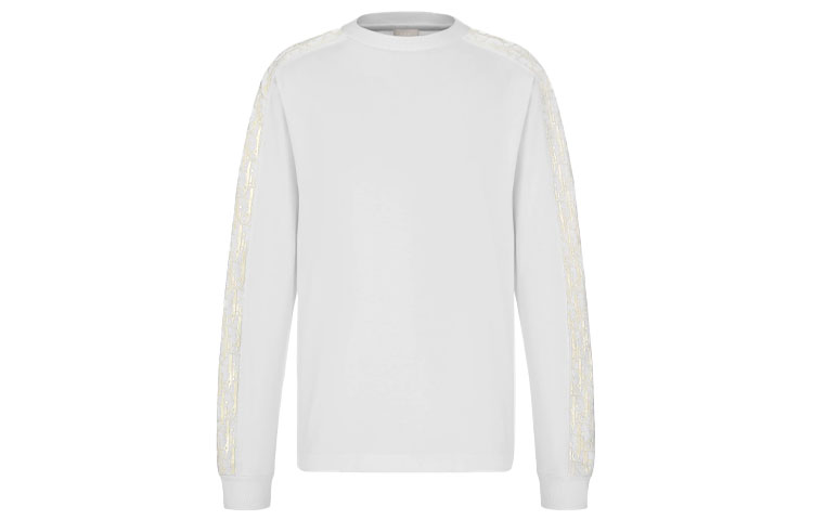 Order DIOR White Long Sleeve Cotton Knit Sweatshirt with Sleeve Print 113J643A0554-C001