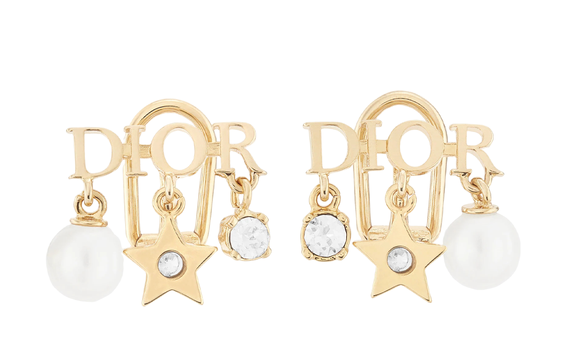 DIOR White Pearl Crystal Logo Gold Clip-On 925 Silver Earrings Unisex Couple. E1680DVORS_D301