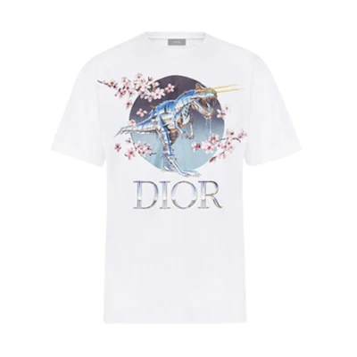 DIOR White Sakura Dinosaur Print Crewneck T-Shirt New Arrival 933J602B0533-085