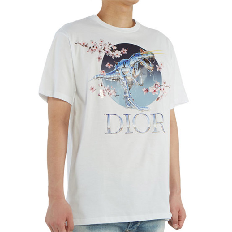 Shop DIOR Putih Sakura Dinosaur Cetakan Crewneck T-Shirt - Ketibaan Baru 933J602B0533-085