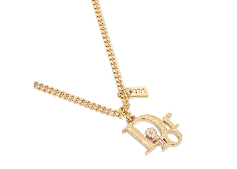 Order Kalung Liontin Dior x ERL Emas dengan Enamel Putih dan Kristal Putih