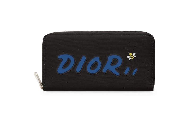 Dior x Kaws Zippered Wallet Blue Logo Nylon Black