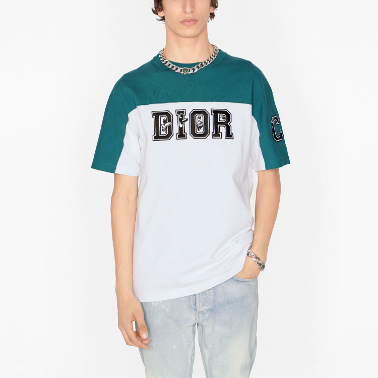 Shop 디올 x 케니 샤프 그린 컬러블록 니트 티. 193J646A0554-C680