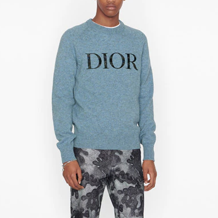 Shop DIOR x Peter Doig 藍色刺繡標誌毛織套頭毛衣 143M657AT296-C585
