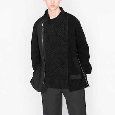 DIOR x Sacai FW21 Patchwork Knit Hybrid Jacket Black Menswear Collaboration. 213M439AT453-C989 Details for DIOR x Sacai FW21 Patchwork Knit Hybrid Jacket Black Menswear Collaboration. 213M439AT453-C989