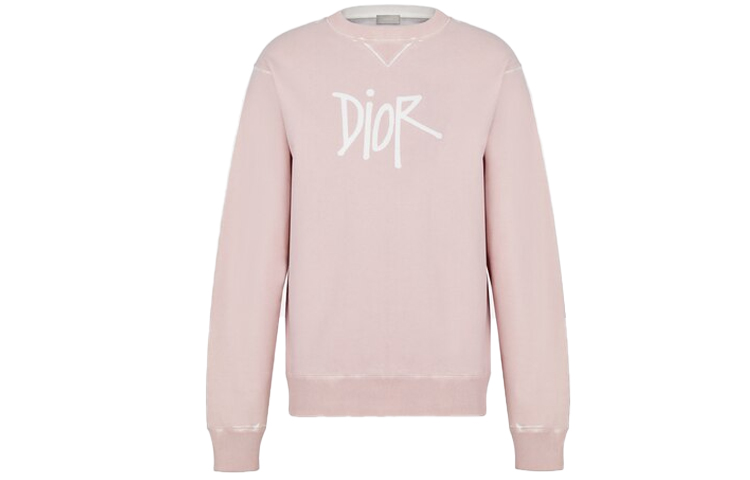 DIOR Shawn Stussy Logo Print Pink Crewneck Sweatshirt Loose Fit 033J604B0531-C400